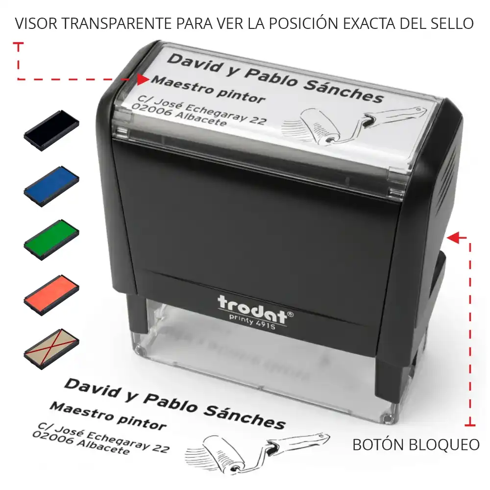 Printy 4923 - 30x30 mm. Sello Personalizado 10 Sello Trodat Printy En ángulo con visor transparente de ejemplo de diseño, botón de bloqueo y almohadillas de tinta.