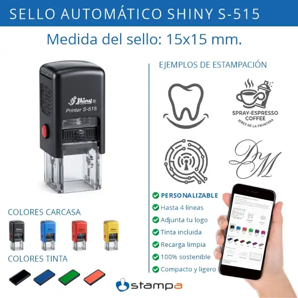 Shiny S-515 - 15x15 mm. Sello Automático Cuadrado 3 Infografía del sello automático mini Shiny S-515 de 15x15 mm: personalizable hasta 4 líneas, logotipo, 4 colores de carcasa, tinta incluida y compacto