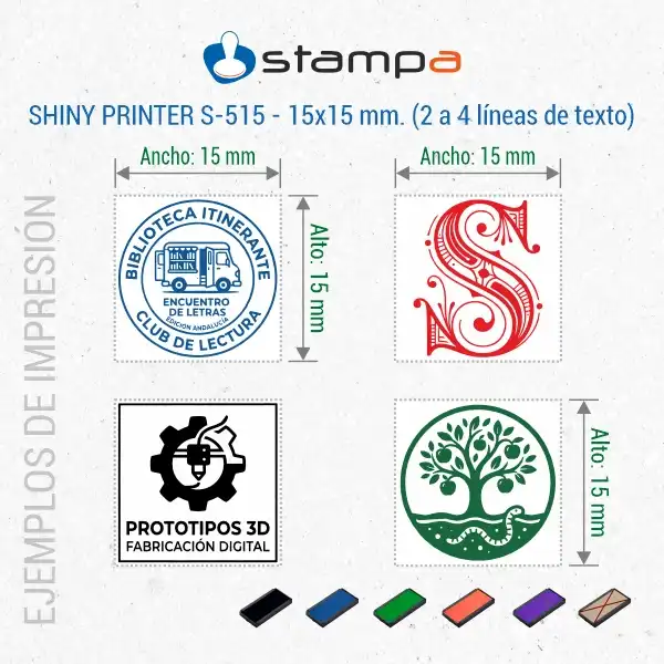 Shiny S-515 - 15x15 mm. Sello Automático Cuadrado 4 Cuatro ejemplos del sello mini Shiny S-515 de 15x15 mm: club de lectura con orla azul, inicial S decorativa en rojo, taller prototipos 3D en negro y logo árbol de la vida en verde