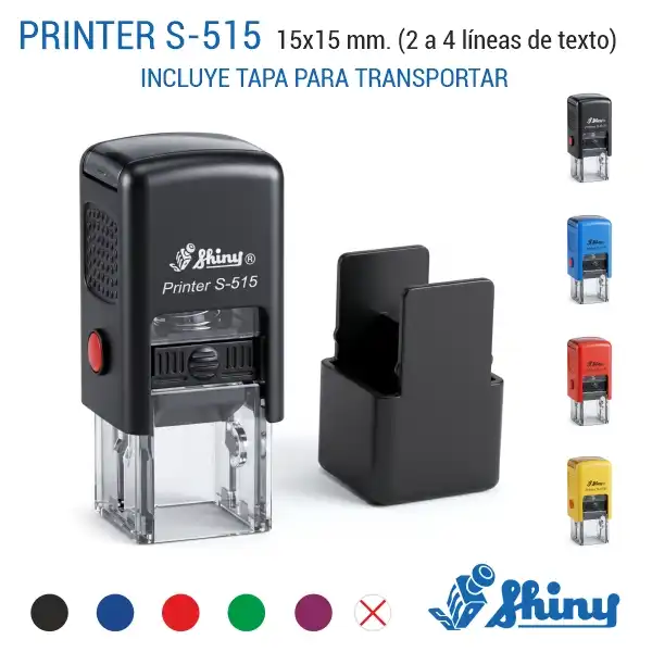 Shiny S-515 - 15x15 mm. Sello Automático Cuadrado 1 Sello automático mini Shiny Printer S-515 de 15x15 mm en carcasa negra con 4 colores negro, azul, rojo y amarillo y colores de tinta disponibles