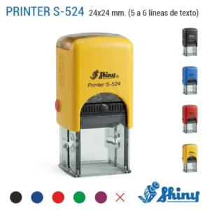 Sello automático cuadrado pequeño Shiny Printer S-524 de 24x24 mm en carcasa amarilla con 4 colores negro, azul, rojo y amarillo y colores de tinta disponibles