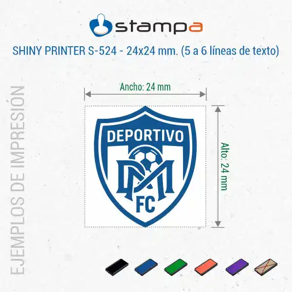 Shiny S-524 - 24x24 mm. Sello automático Personalizado Cuadrado 4 Ejemplo de sello cuadrado Shiny S-524 de 24x24 mm con escudo completo de club de fútbol a toda superficie en tinta azul
