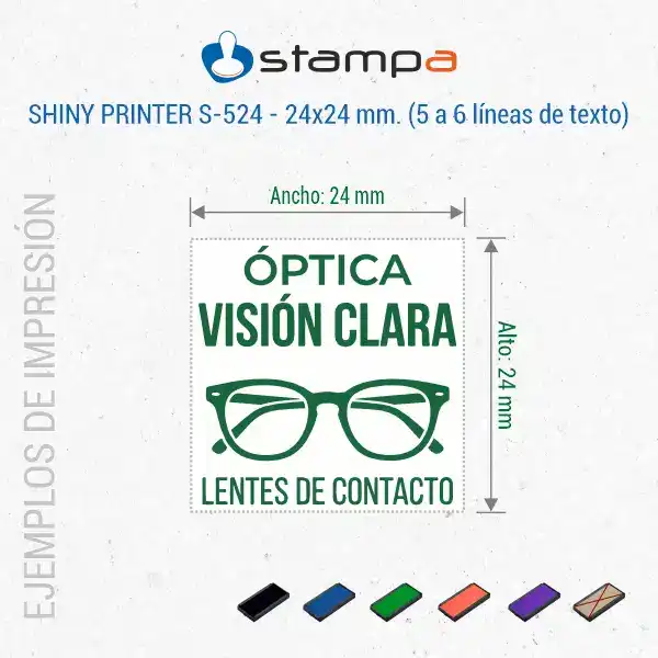Shiny S-524 - 24x24 mm. Sello automático Personalizado Cuadrado 6 Ejemplo de estampación del sello cuadrado Shiny S-524 de 24x24 mm para óptica con logo de gafas, nombre del negocio y actividad en tinta verde