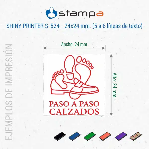 Shiny S-524 - 24x24 mm. Sello automático Personalizado Cuadrado 7 Ejemplo de sello cuadrado Shiny S-524 de 24x24 mm para zapatería con logo de pie y zapato, nombre del negocio y actividad en tinta roja