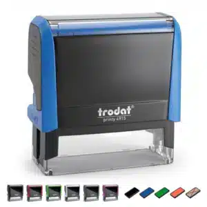 Sello Trodat Printy 4915 en ángulo de tres cuartos con iconos de 6 colores de carcasa y 5 almohadillas de tinta disponibles.