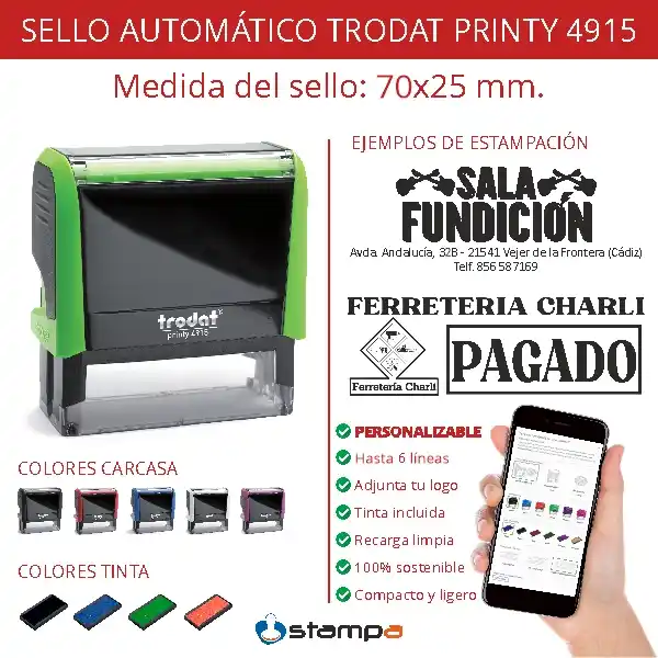 Trodat Printy 4915 - 70x25 mm. Sello Personalizado 3 Sello automático Trodat Printy 4915 de 70x25 mm en color verde con ejemplos de estampación para sala de conciertos con logo y ferretería con sello PAGADO