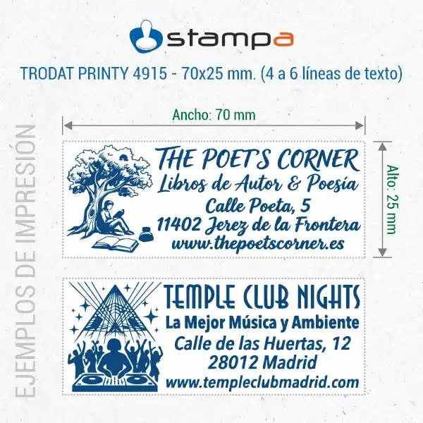 Trodat Printy 4915 - 70x25 mm. Sello Personalizado 5 Ejemplos de estampación del sello Trodat Printy 4915 de 70x25 mm para librería de autor con logotipo de árbol y club de música con logotipo y 5 líneas de datos