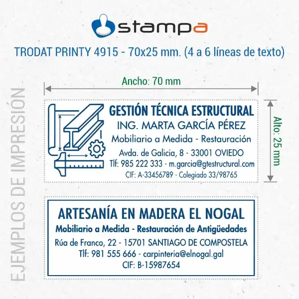 Trodat Printy 4915 - 70x25 mm. Sello Personalizado 4 Ejemplos de estampación del sello Trodat Printy 4915 de 70x25 mm para empresa de gestión técnica con logo de ingeniera colegiada y artesanía en madera con datos fiscales completos