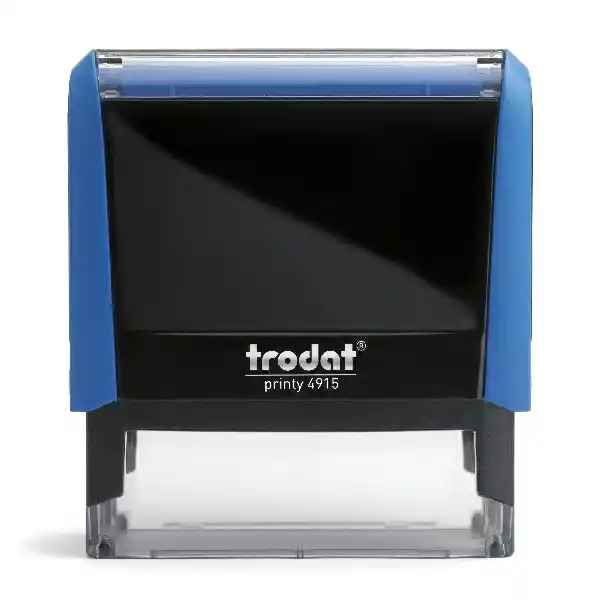 Trodat Printy 4915 - 70x25 mm. Sello Personalizado 2 Vista frontal del sello automático Trodat Printy 4915 de 70x25 mm en color azul con base transparente para posicionamiento preciso