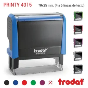 Sello automático Trodat Printy 4915 de 70x25 mm en color azul con todos los colores de carcasa disponibles y colores de tinta para 4 a 6 líneas de texto personalizado