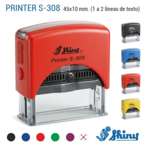 Sello automático de banda fina Shiny S-308 de 45×10 mm personalizado con colores de carcasa negro azul rojo y amarillo