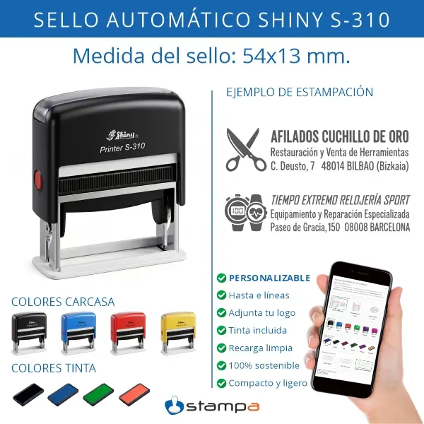 Shiny S-310 · 13x54 mm. · Sello Alargado Automático 3 Características del sello automático Shiny S-310 de 54x13 mm con colores de carcasa azul rojo negro amarillo y colores de tinta disponibles