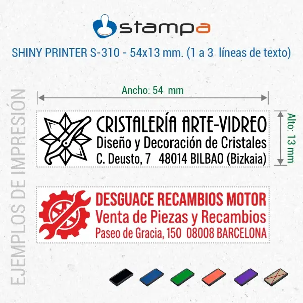Shiny S-310 · 13x54 mm. · Sello Alargado Automático 6 Ejemplos de sello automático Shiny S-310 de 54x13 mm con logo para cristalería y taller de recambios en negro y rojo