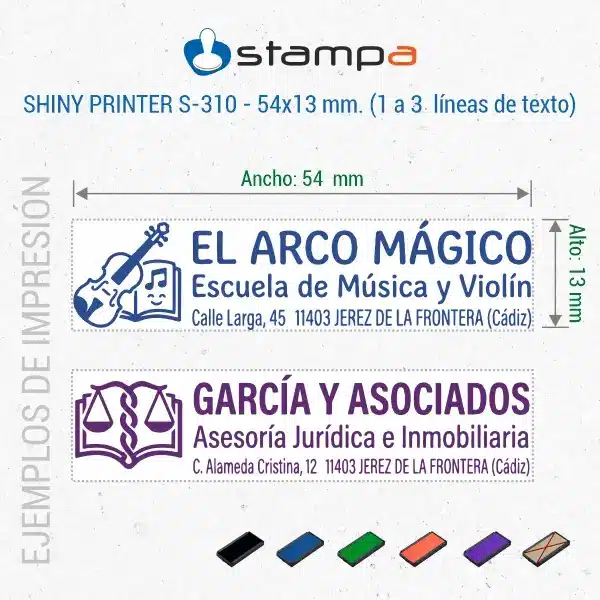 Shiny S-310 · 13x54 mm. · Sello Alargado Automático 5 Ejemplos de impresión del sello automático Shiny S-310 de 54x13 mm con logo y tres líneas de texto de empresa en Jerez de la Frontera