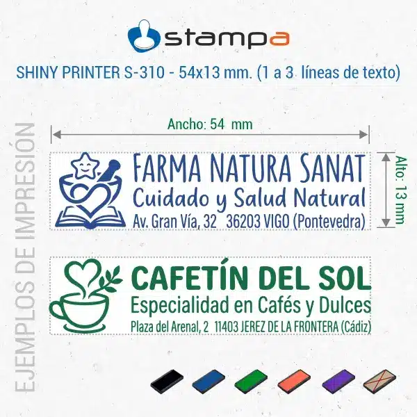 Shiny S-310 · 13x54 mm. · Sello Alargado Automático 4 S-310 de 54x13 mm con logo para farmacia natural y cafetería en Jerez de la Frontera