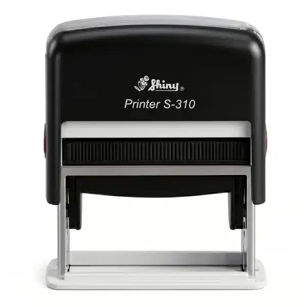 Shiny S-310 · 13x54 mm. · Sello Alargado Automático 2 Vista frontal del sello automático Shiny Printer S-310 de 54x13 mm en carcasa negra con visor transparente