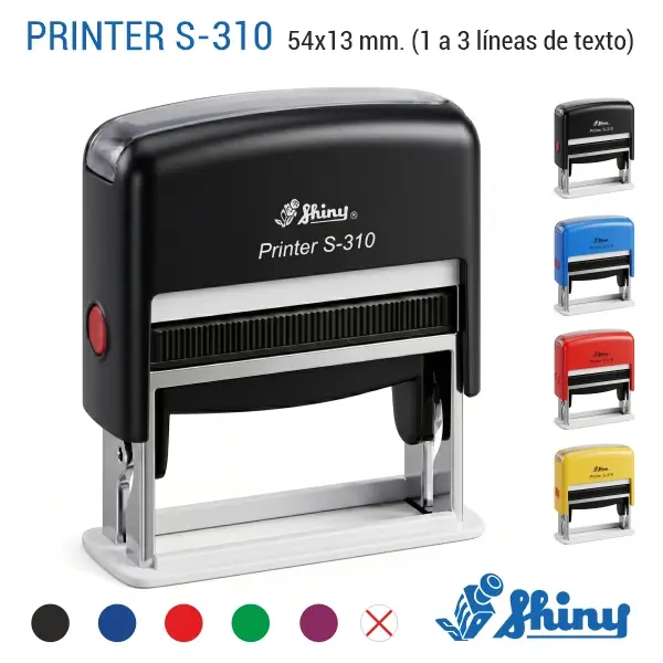 Shiny S-310 · 13x54 mm. · Sello Alargado Automático 1 Sello automático Shiny S-310 de 54x13 mm con colores de carcasa disponibles negro azul rojo amarillo y colores de tinta