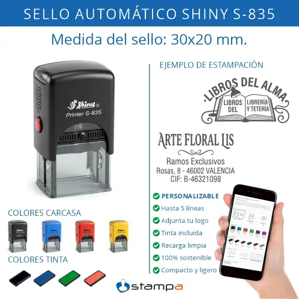 Shiny S-835 - 30x20 mm. | Sello automático Rectangular 3 Características del sello automático Shiny S-835 compacto 30×20 mm personalizable con logo hasta 5 líneas tinta incluida
