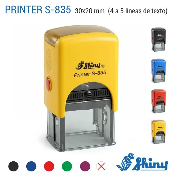 Shiny S-835 - 30x20 mm. | Sello automático Rectangular 1 Sello automático compacto Shiny S-835 de 30×20 mm personalizado con colores de carcasa negro azul rojo y amarillo