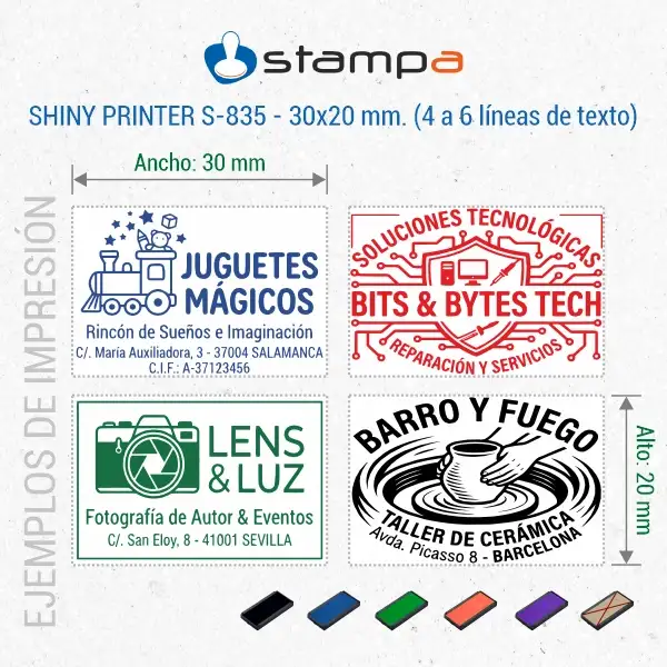 Shiny S-835 - 30x20 mm. | Sello automático Rectangular 6 Ejemplos de estampación del sello automático Shiny S-835 de 30×20 mm con logotipo para juguetería tienda de tecnología fotógrafo y taller de cerámica