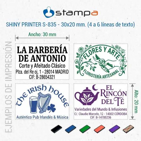 Shiny S-835 - 30x20 mm. | Sello automático Rectangular 5 Ejemplo de impresión sello Shiny S-835 mostrando dimensiones 30×20 mm con logotipo para barbería floristería pub y tetería