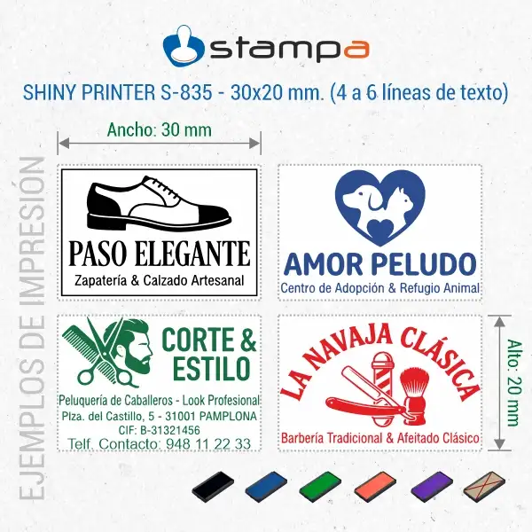 Shiny S-835 - 30x20 mm. | Sello automático Rectangular 4 Ejemplo de sello compacto Shiny S-835 de 30×20 mm con logotipo para zapatería centro de adopción animal peluquería y barbería