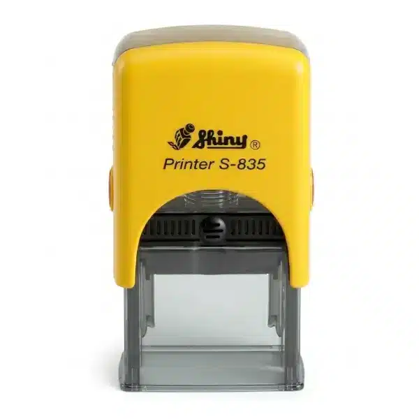Shiny S-835 - 30x20 mm. | Sello automático Rectangular 2 Vista frontal del sello automático Shiny Printer S-835 de 30×20 mm con carcasa amarilla y visor transparente