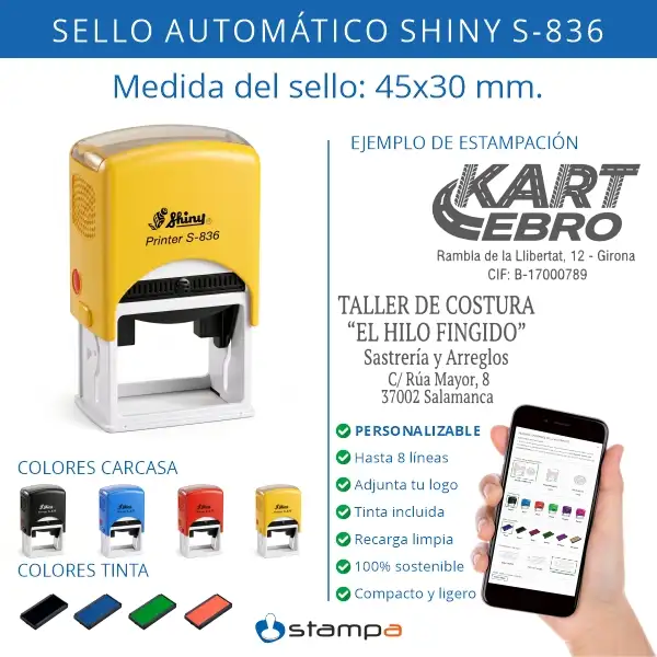 Shiny S-836 - 45x30 mm. sello automático rectangular 3 Características del sello automático Shiny S-836 rectangular 45×30 mm personalizable con logo hasta 8 líneas tinta incluida