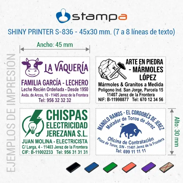 Shiny S-836 - 45x30 mm. sello automático rectangular 6 Ejemplos de sello automático Shiny S-836 de 45×30 mm con logo para vaquería marmolería electricidad y empresa taurina de Jerez