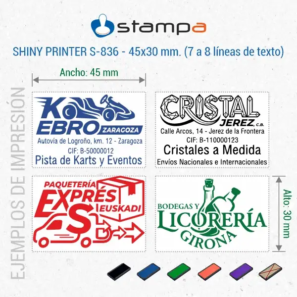 Shiny S-836 - 45x30 mm. sello automático rectangular 5 Ejemplo de impresión sello Shiny S-836 mostrando dimensiones 45×30 mm con logos de kart cristalería paquetería y bodega