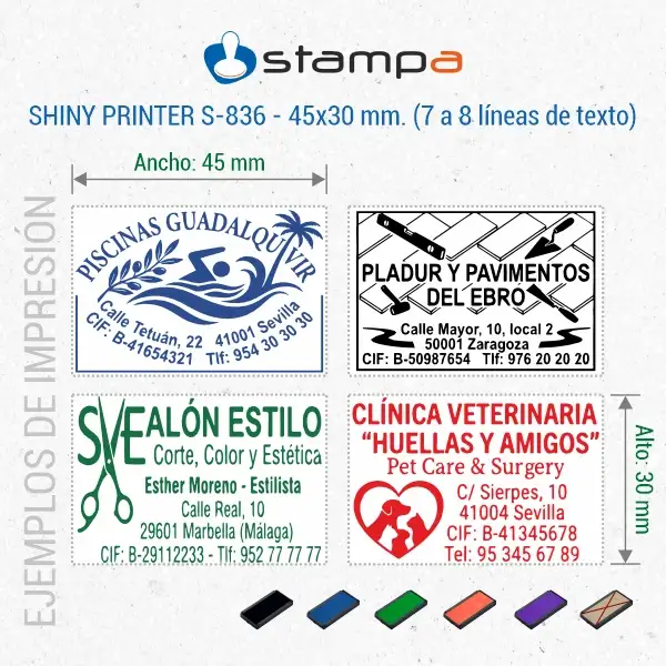 Shiny S-836 - 45x30 mm. sello automático rectangular 4 Ejemplos de sello rectangular Shiny S-836 de 45×30 mm con logo para piscinas salón de belleza pavimentos y clínica veterinaria