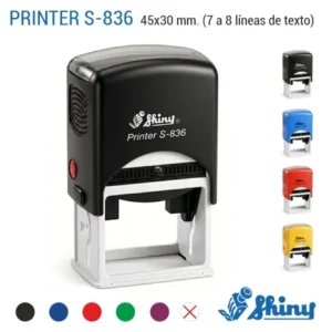 Sello automático rectangular Shiny S-836 de 45×30 mm personalizado con colores de carcasa negro azul rojo y amarillo
