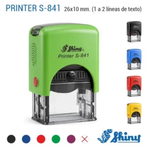 Sello automático Shiny S-841 de 26x10 mm con colores de carcasa disponibles negro azul rojo amarillo y colores de tinta