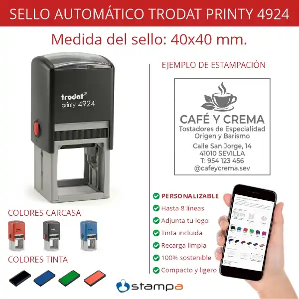Printy 4924 - 40x40 mm. 3 Sello automático Trodat Printy 4924 cuadrado de 40x40 mm en azul con colores de carcasa disponibles, colores de tinta y ejemplo de cafetería artesanal con logo