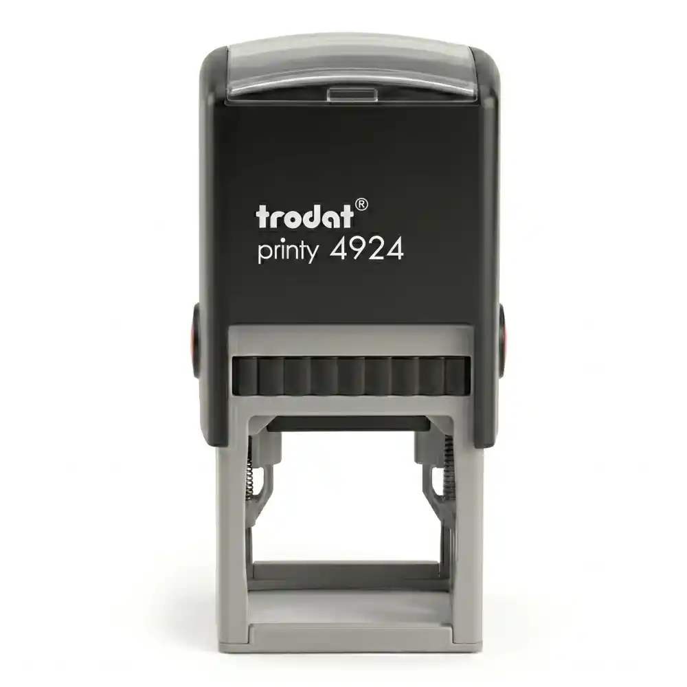 Printy 4924 - 40x40 mm. 2 Vista frontal del sello automático cuadrado Trodat Printy 4924 de 40x40 mm en negro con base transparente para posicionamiento preciso