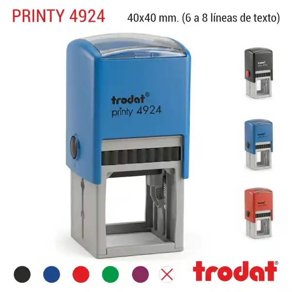 Printy 4924 - 40x40 mm. 1 Trodat Printy 4924 sello automático cuadrado de 40x40 mm en negro con ejemplo de estampación para cafetería con logotipo y colores de carcasa y tinta disponibles
