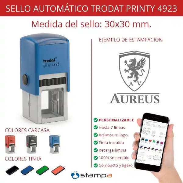 Printy 4923 - 30x30 mm. Sello Personalizado 3 Sello automático Trodat Printy 4923 cuadrado de 30x30 mm con colores de carcasa disponibles, colores de tinta y ejemplo de logotipo con escudo