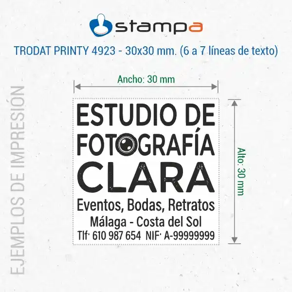 Printy 4923 - 30x30 mm. Sello Personalizado 6 Ejemplo de estampación del sello cuadrado Trodat 4923 de 30x30 mm para estudio de fotografía con tipografía grande y 6 líneas de texto