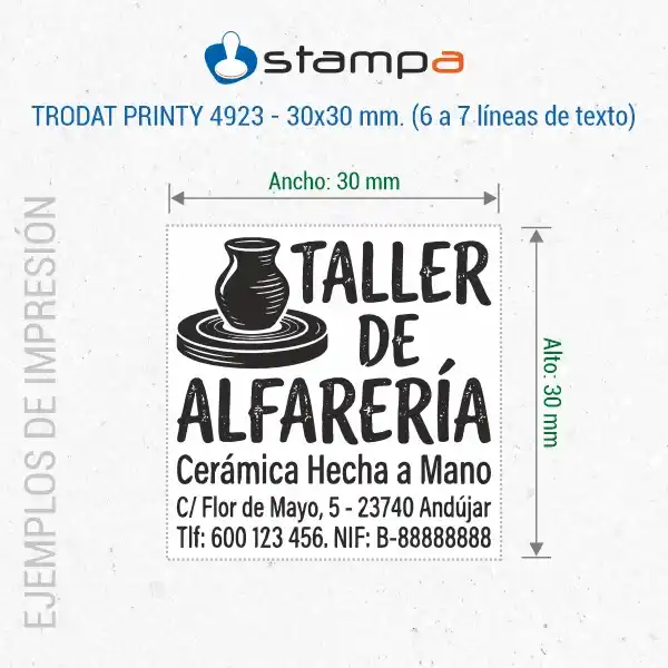 Printy 4923 - 30x30 mm. Sello Personalizado 7 Ejemplo de estampación del sello Trodat Printy 4923 de 30x30 mm para taller de alfarería con logotipo de torno y texto en varias líneas