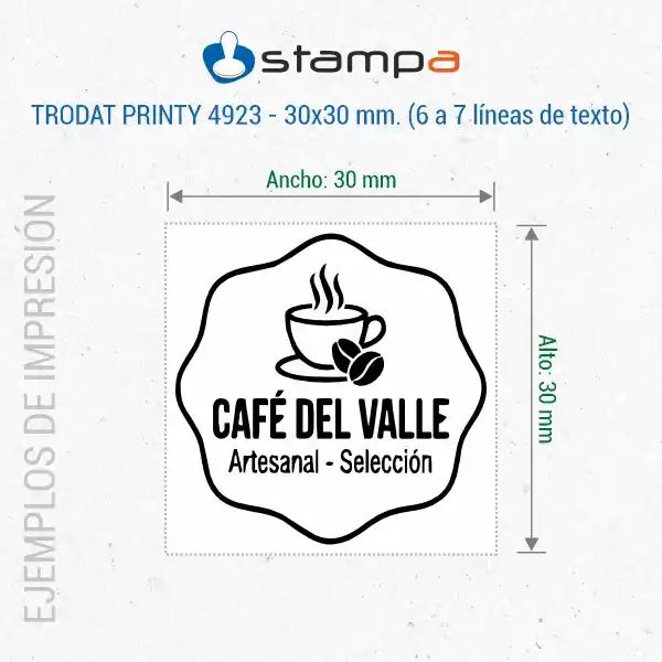 Printy 4923 - 30x30 mm. Sello Personalizado 4 Ejemplo de estampación del sello Trodat Printy 4923 de 30x30 mm con diseño de forma irregular tipo cafetería artesanal con logo de taza y texto