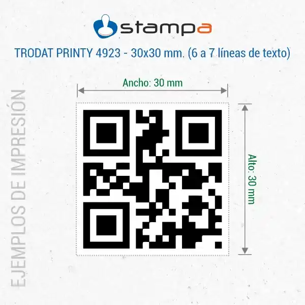Printy 4923 - 30x30 mm. Sello Personalizado 5 Ejemplo de estampación del sello Trodat Printy 4923 cuadrado de 30x30 mm con código QR a tamaño completo