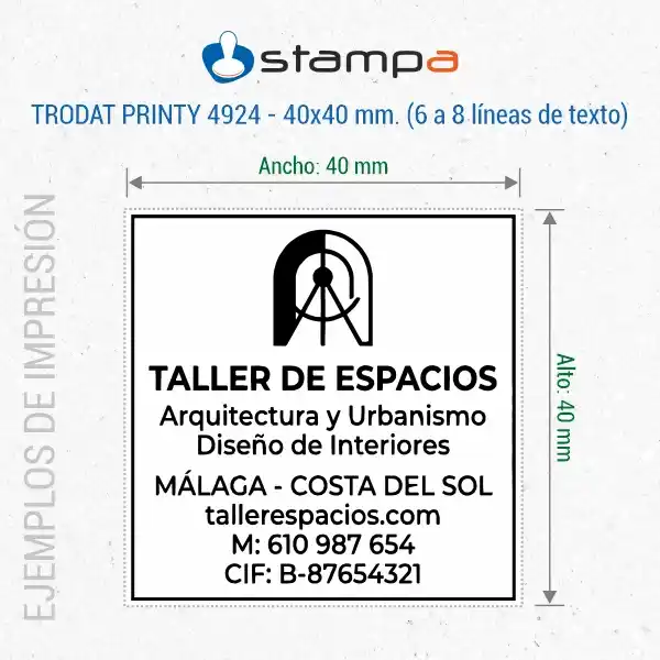 Printy 4924 - 40x40 mm. 4 Ejemplo de estampación del sello Trodat Printy 4924 de 40x40 mm para estudio de arquitectura con logotipo grande centrado y 7 líneas de datos fiscales