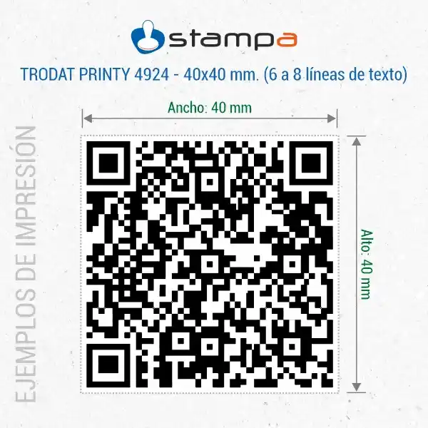 Printy 4924 - 40x40 mm. 5 Ejemplo de estampación del sello Trodat Printy 4924 de 40x40 mm con código QR grabado a tamaño completo para escanear con móvil