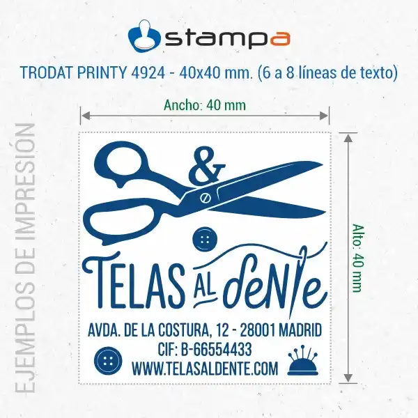 Printy 4924 - 40x40 mm. 6 Ejemplo de estampación del sello Trodat Printy 4924 de 40x40 mm para tienda de telas con logotipo de tijeras grande y forma irregular aprovechando las esquinas del cuadrado