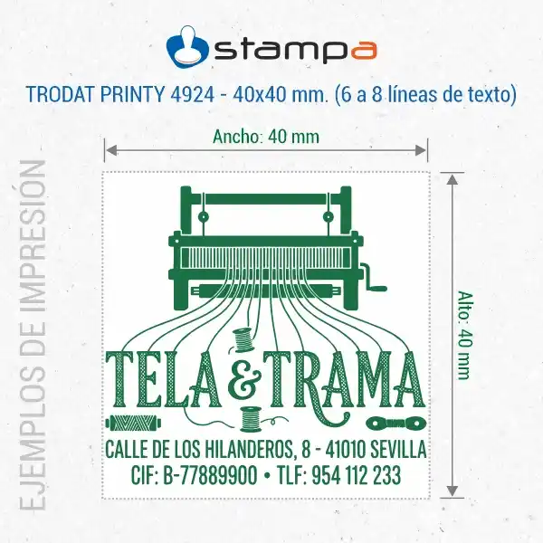 Printy 4924 - 40x40 mm. 7 Ejemplo de estampación del sello Trodat Printy 4924 de 40x40 mm para empresa textil con logotipo de telar industrial de gran detalle y 4 líneas de datos