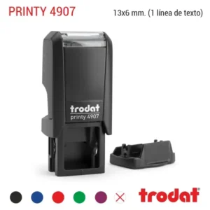 Sello automático Trodat Printy 4907 de 13x6 mm en carcasa negra con su tapa de protección y colores de tinta
