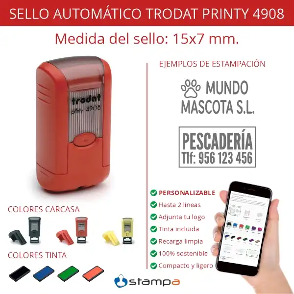 Trodat Printy 4908 · 15×7 mm · Sello Automático Pequeño con Tapa 3 Características del sello automático Trodat Printy 4908 de 15x7 mm hasta 2 líneas con tapa y colores de carcasa y tinta