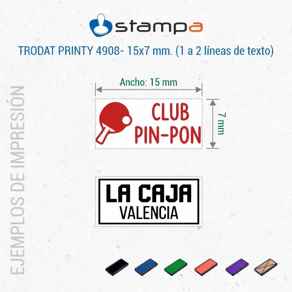 Trodat Printy 4908 · 15×7 mm · Sello Automático Pequeño con Tapa 4 Ejemplos de sello automático Trodat Printy 4908 de 15x7 mm con logotipo y dos líneas para club de ping-pong y comercio