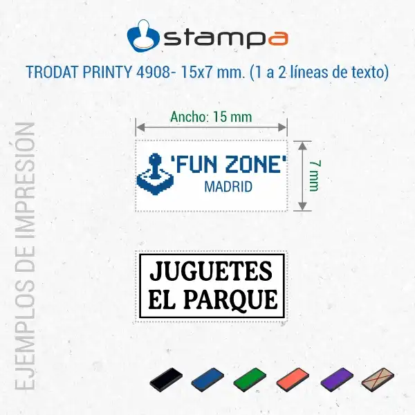 Trodat Printy 4908 · 15×7 mm · Sello Automático Pequeño con Tapa 5 Ejemplos de impresión del sello automático Trodat Printy 4908 de 15x7 mm con logotipo y dos líneas para sala recreativa y juguetería