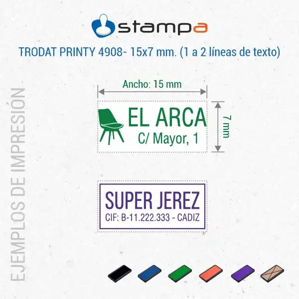 Trodat Printy 4908 · 15×7 mm · Sello Automático Pequeño con Tapa 6 Ejemplos de sello automático Trodat Printy 4908 de 15x7 mm con logotipo dirección y CIF para tienda de muebles y supermercado